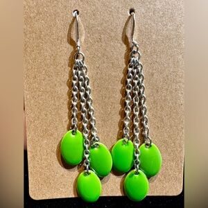 Handmade Green Spinner Blade Dangle Earrings Sterling Silver Backing